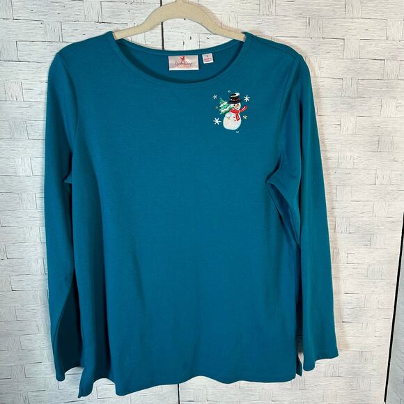 Quacker factory womens long sleeve T-shirt embroidered snowman holiday Christmas - Picture 1 of 9